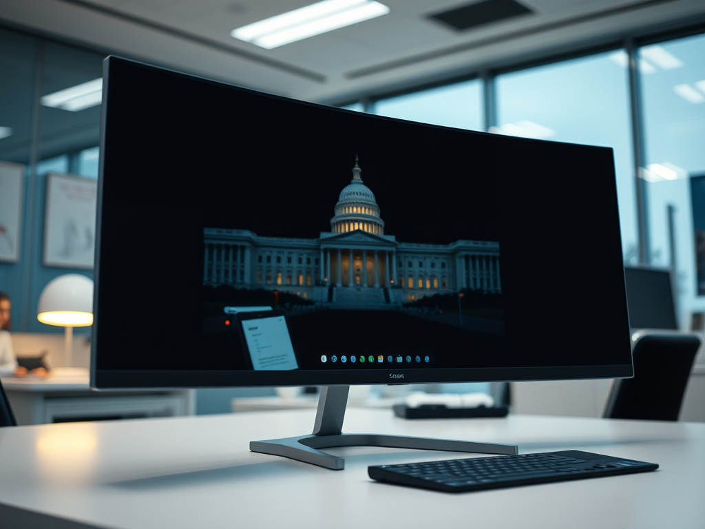 modern curved monitor (not Mac) set in a government office environment, no people
