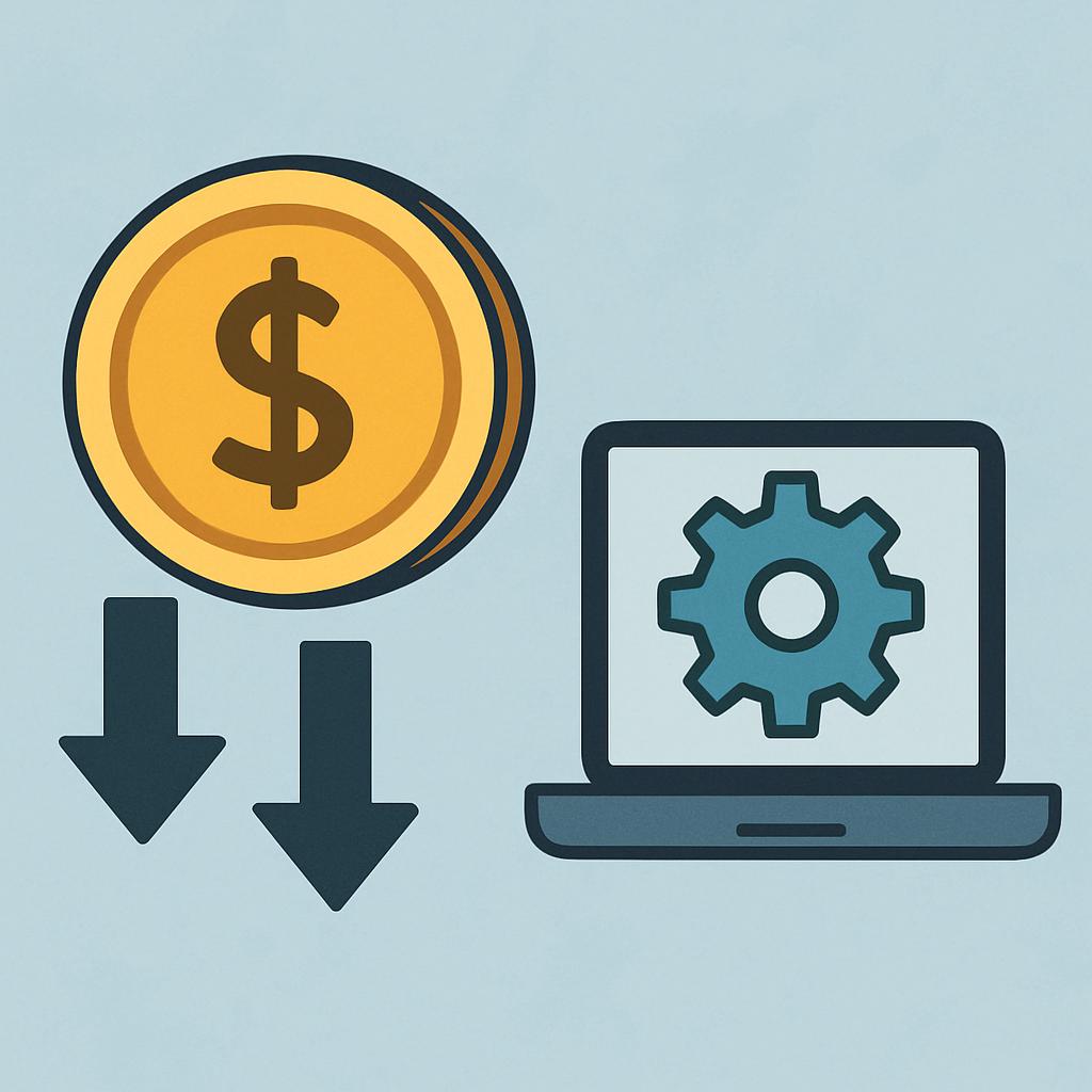 An illustration of a dollar coin and a laptop with a gear symbol, likely representing a system or process related to digit...
